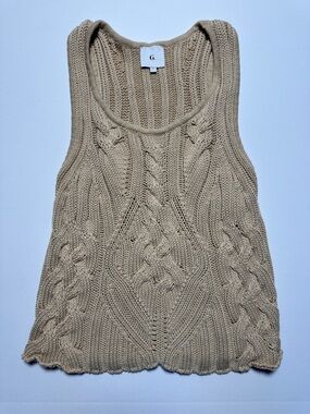 G. Label by Goop Cable Knit Sweater Vest Tan Beige Sleeveless Scoop Neck Italy S